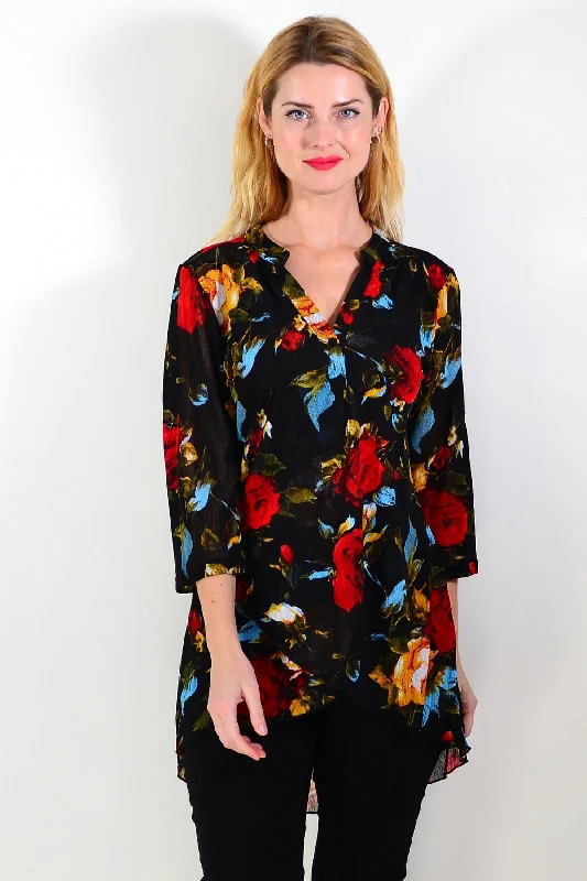 Black Floral Mesh Ladies Tunic Top