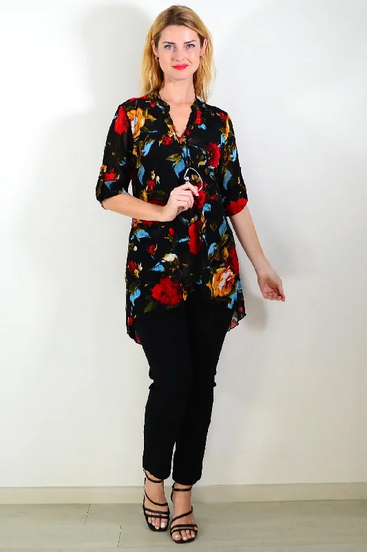 Black Floral Mesh Ladies Tunic Top