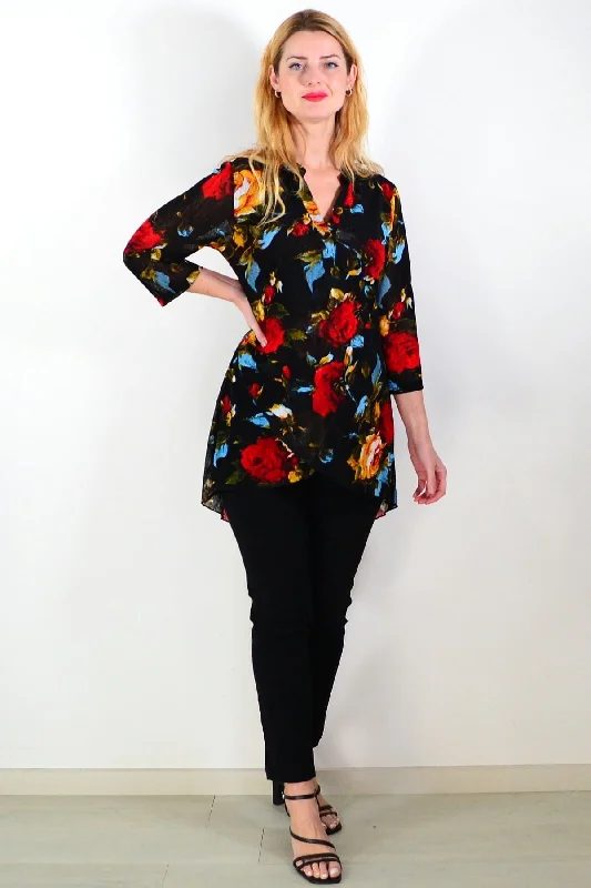 Black Floral Mesh Ladies Tunic Top