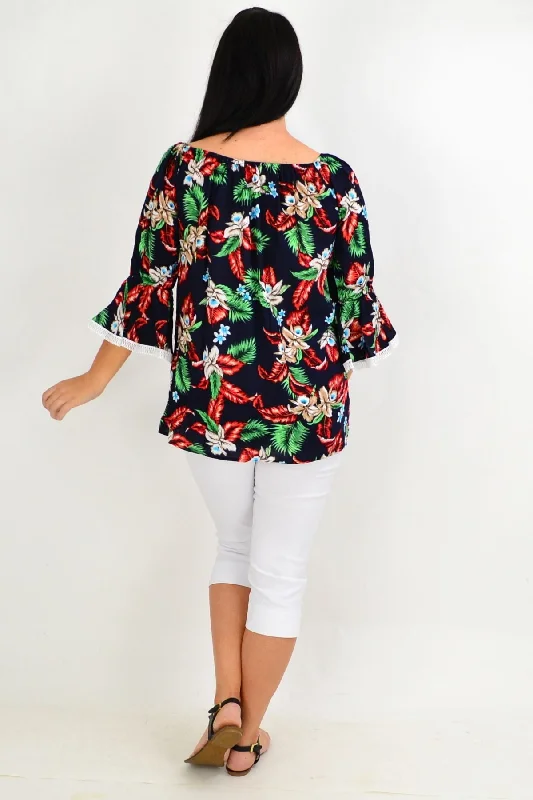 Navy Tropical Tassel Off shoulder Tunic Top