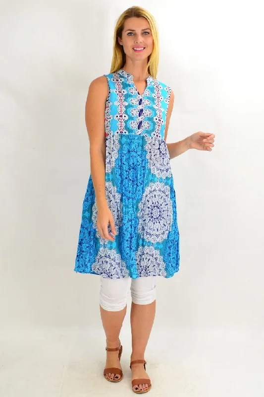 Blue Mandala Chinese Collar Tunic Dress