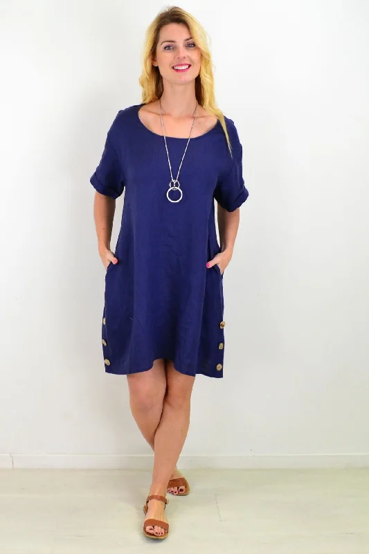 Blue Natural Linen Tunic Shift Dress