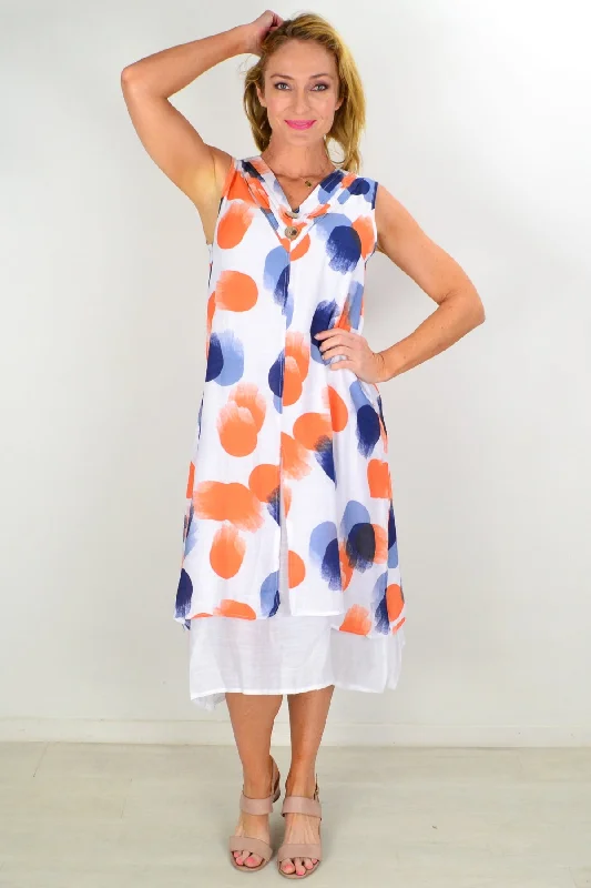 Orange Spot Sleeveless Coconut Button Tunic Dress