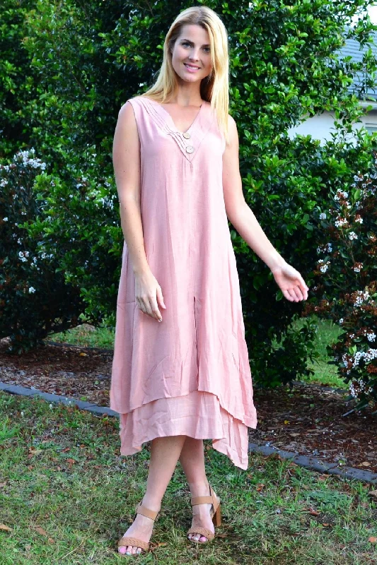 Blush Pink Sleeveless Coconut Button Tunic Dress