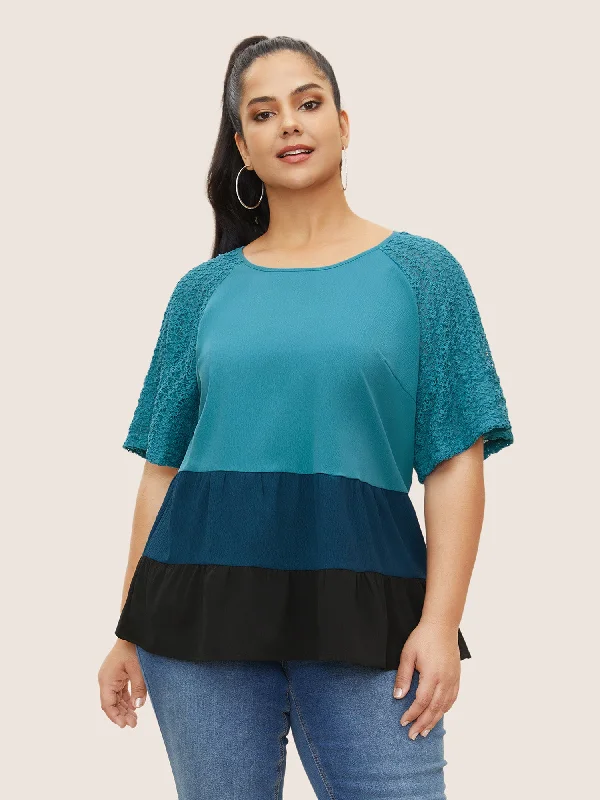 Colorblock Contrast Lace Panel Raglan Sleeve Blouse