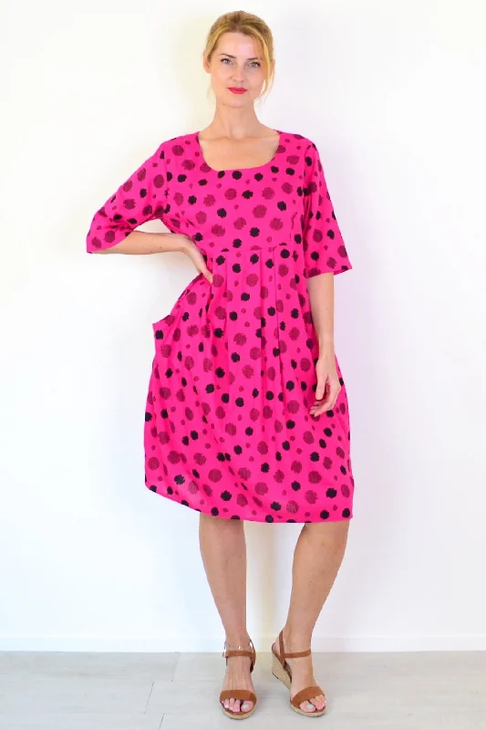 Hot Pink Dots Linen Blend Tunic Dress