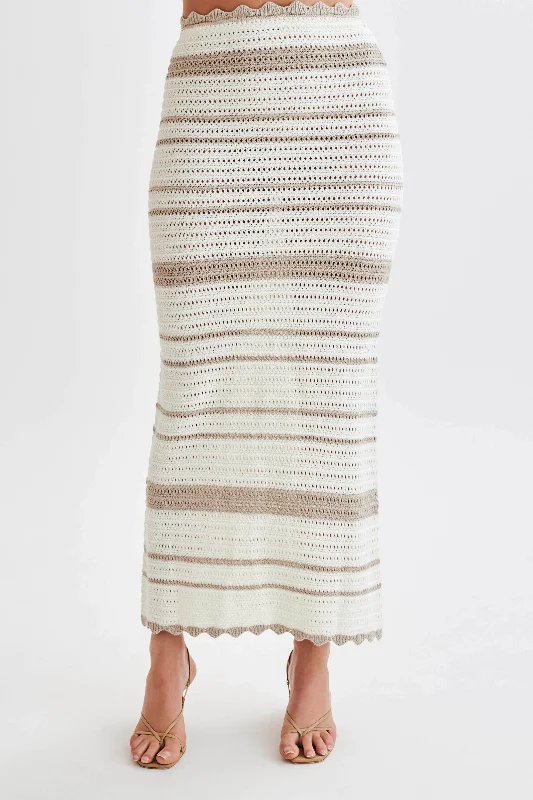 Jadia Contrast Crochet Fishtail Maxi Skirt - Taupe/White