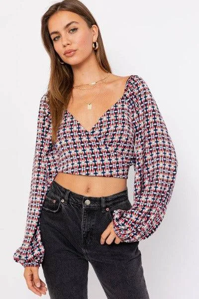 Long Sleeve Wrap Around Patterned Crop Top