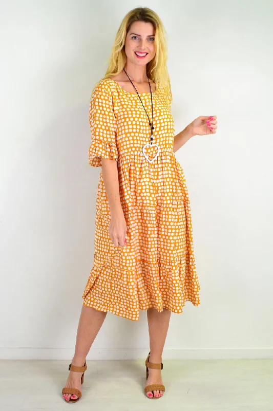 Mustard White Polka Dot Tiered Tunic Dress