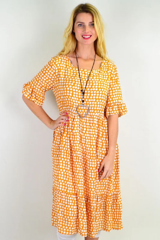 Mustard White Polka Dot Tiered Tunic Dress