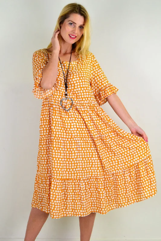 Mustard White Polka Dot Tiered Tunic Dress