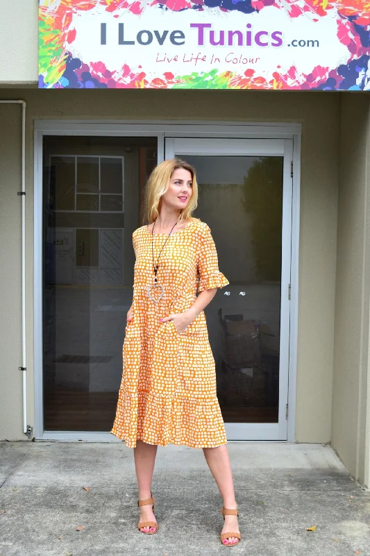 Mustard White Polka Dot Tiered Tunic Dress