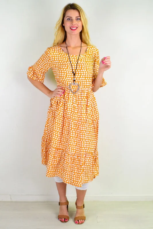 Mustard White Polka Dot Tiered Tunic Dress