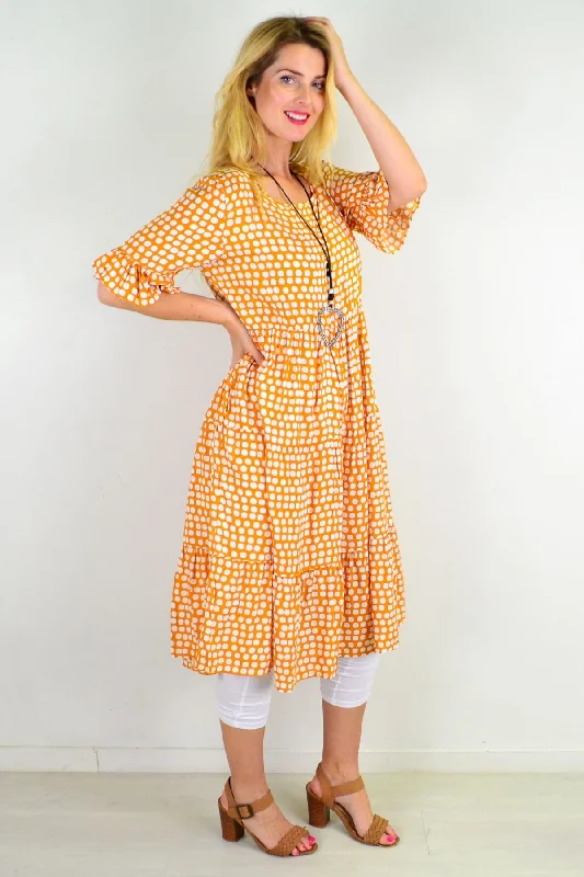 Mustard White Polka Dot Tiered Tunic Dress