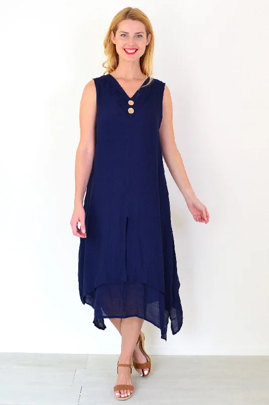 Navy Blue Sleeveless Coconut Button Tunic Dress