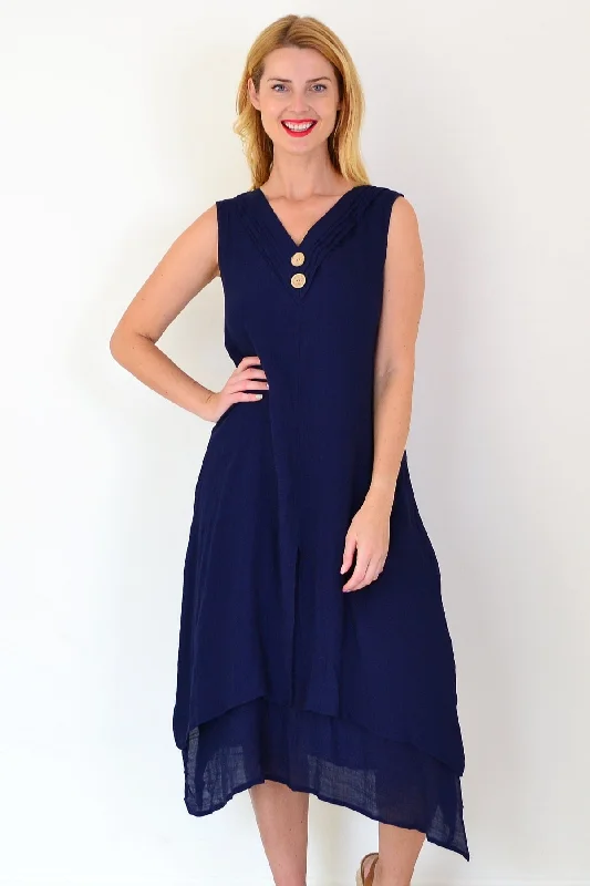 Navy Blue Sleeveless Coconut Button Tunic Dress