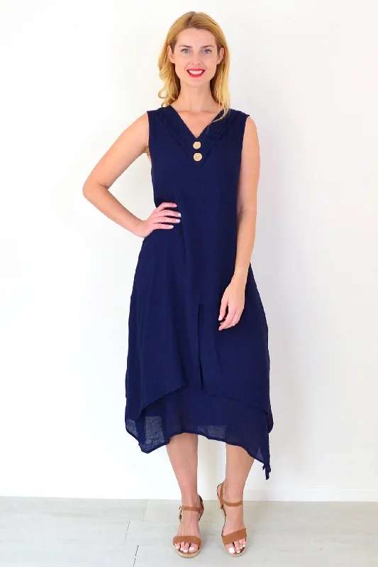 Navy Blue Sleeveless Coconut Button Tunic Dress