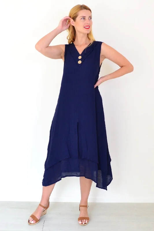 Navy Blue Sleeveless Coconut Button Tunic Dress