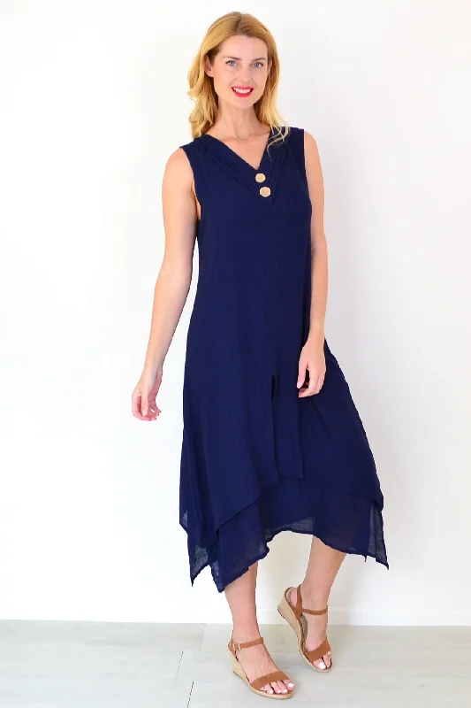 Navy Blue Sleeveless Coconut Button Tunic Dress