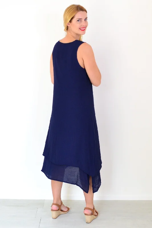 Navy Blue Sleeveless Coconut Button Tunic Dress