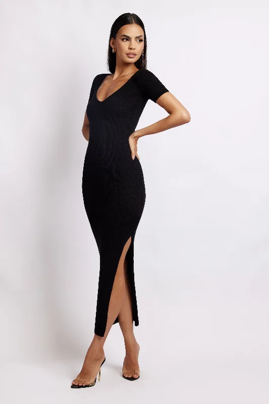 Nina Short Sleeve Knit Midi Dress - Black