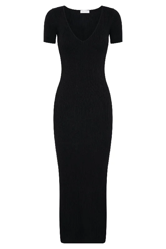 Nina Short Sleeve Knit Midi Dress - Black