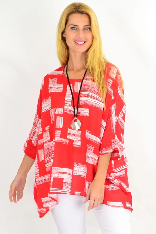 Orange-Red n White Block Tunic Top