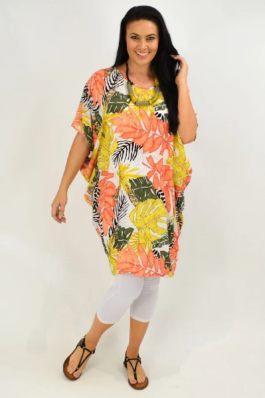 Orange Tropical Leaf Relaxed Tunic Dress