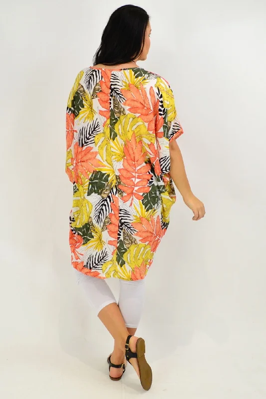 Orange Tropical Leaf Relaxed Tunic Dress