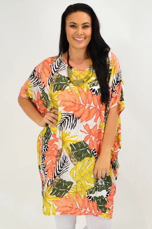 Orange Tropical Leaf Relaxed Tunic Dress