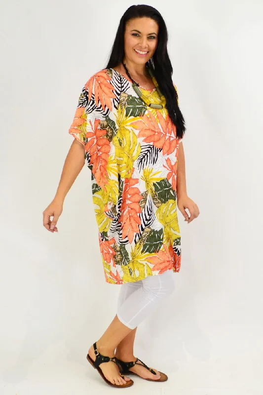 Orange Tropical Leaf Relaxed Tunic Dress