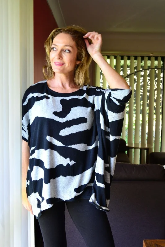 Patch Black Grey Relaxed Fleece Tunic Top