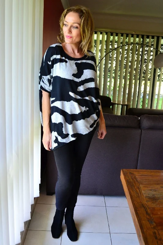 Patch Black Grey Relaxed Fleece Tunic Top