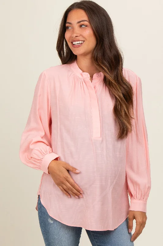 Peach Button Front Long Puff Sleeve Maternity Top