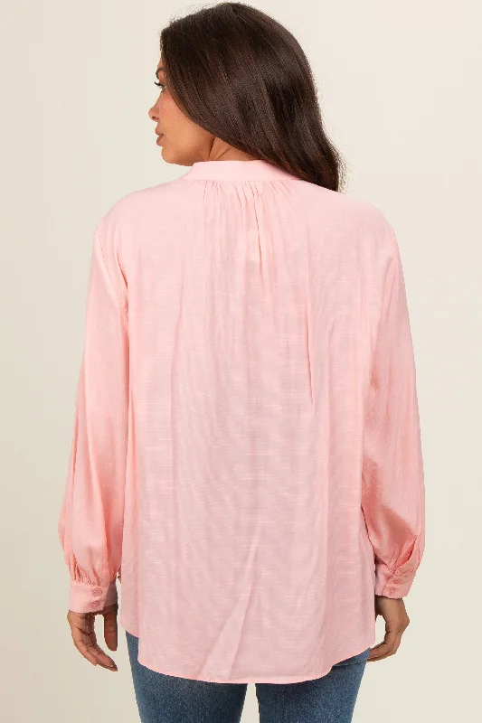 Peach Button Front Long Puff Sleeve Maternity Top