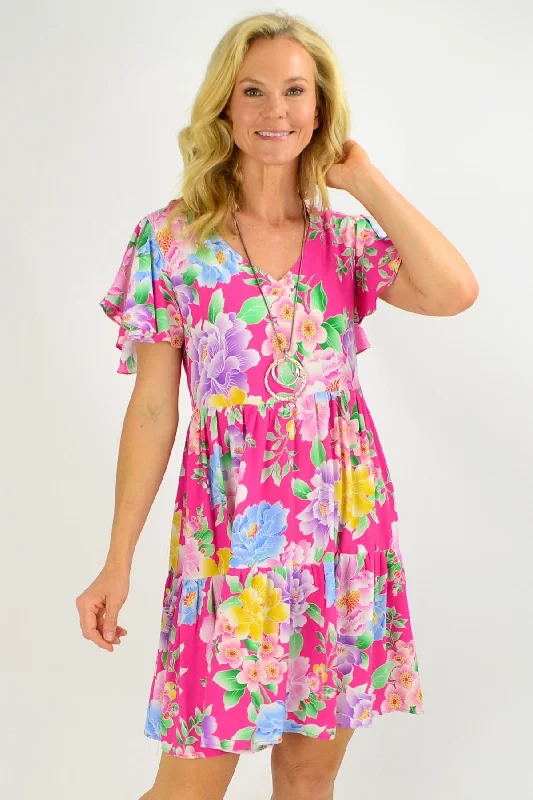 Pink Oriental Flower Garden Tunic Dress