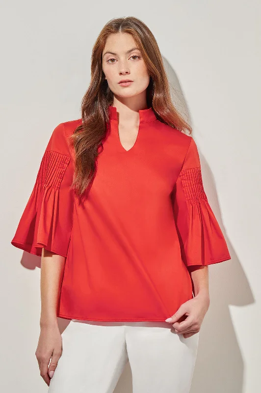 Plus Size Pleated Bell Sleeve Blouse - Stretch Cotton Blend