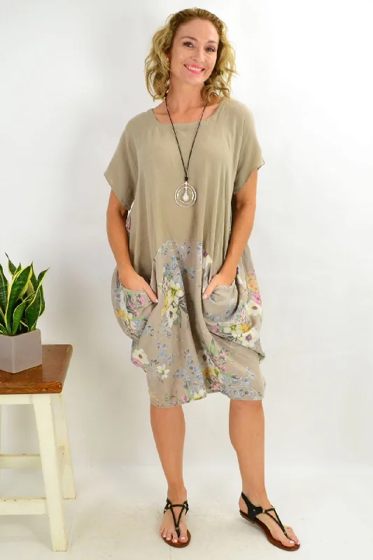 Taupe Native Flower Sleeve Linen Tunic Dress