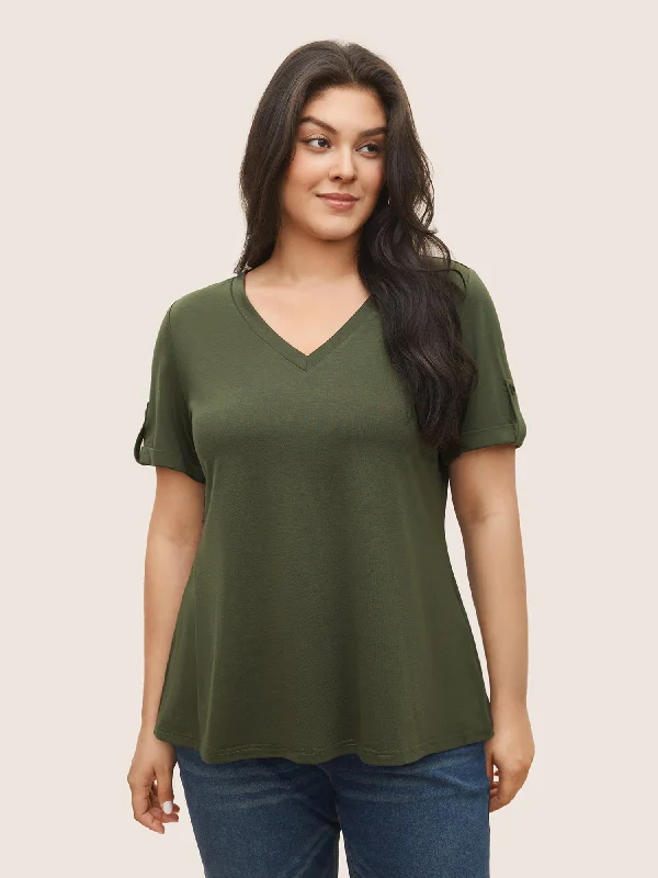 V Neck Solid Tab Sleeve T-shirt