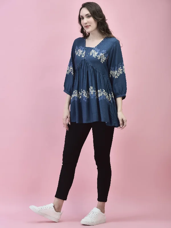 Women Liva Rayon Blue Floral Print Tunic