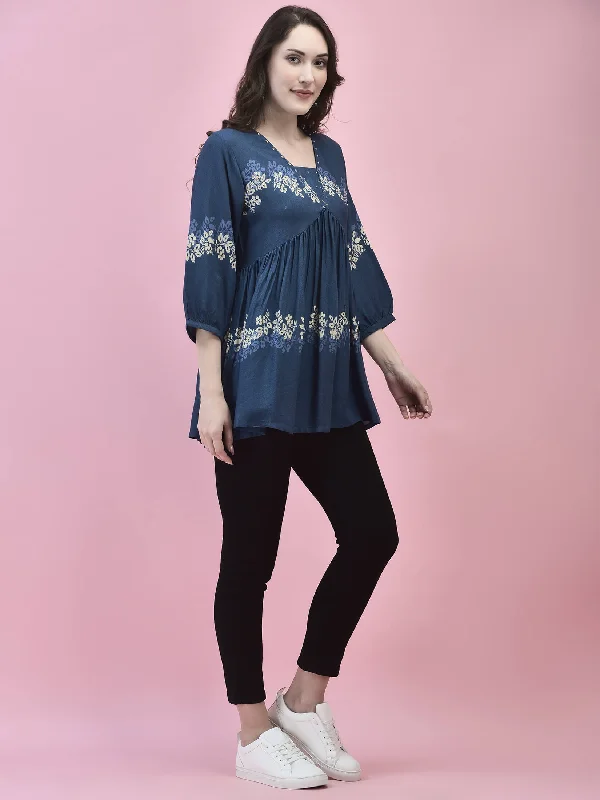 Women Liva Rayon Blue Floral Print Tunic