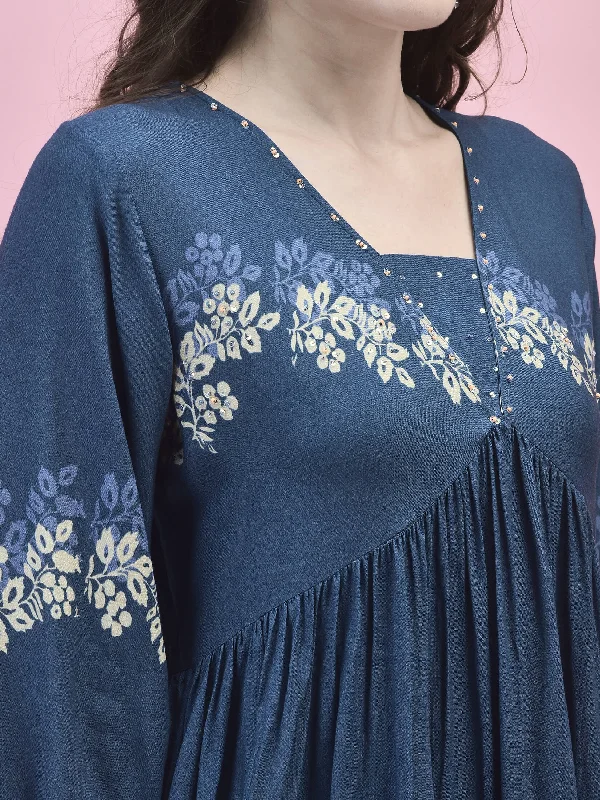 Women Liva Rayon Blue Floral Print Tunic