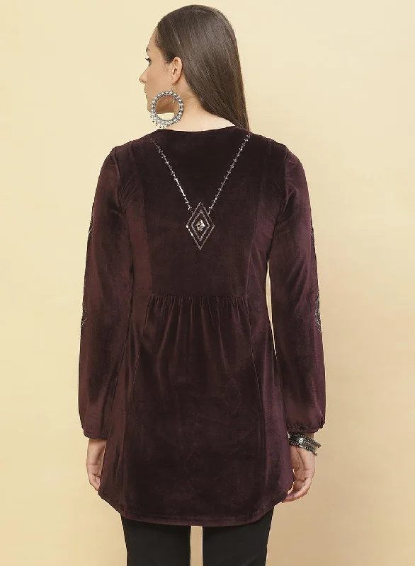 Antique Mauve Embroidered Velvet Tunic With Sequins