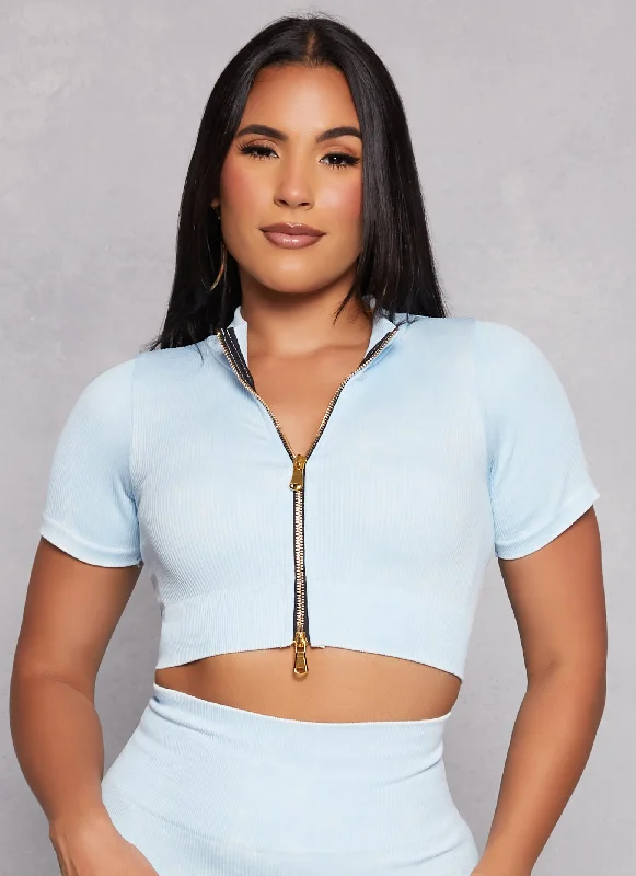 Daisy Seamless Ribbed Zip Front Short Sleeve Crop Top