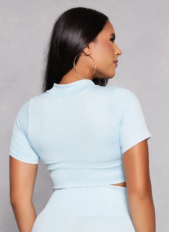 Daisy Seamless Ribbed Zip Front Short Sleeve Crop Top