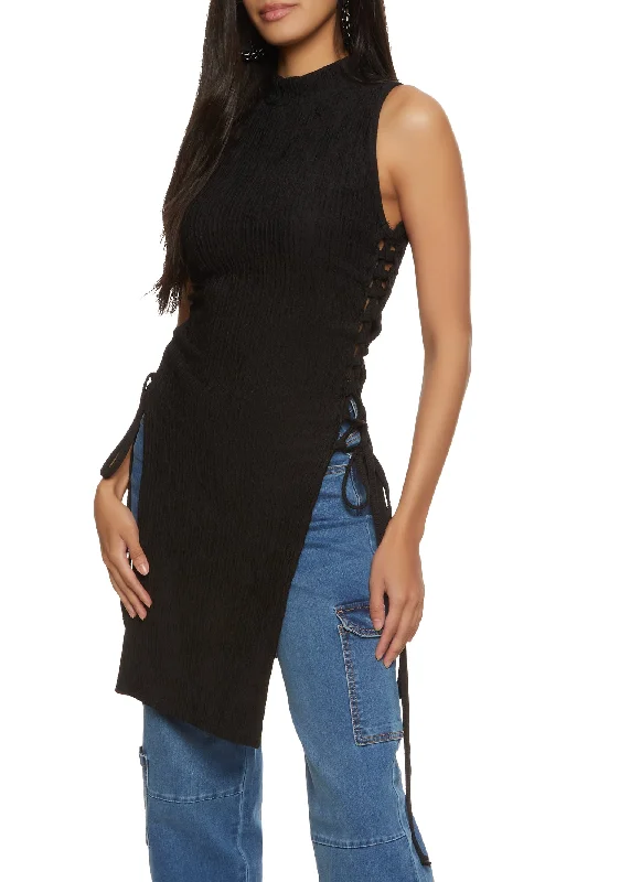 Textured Knit Sleeveless Lace Up Side Top