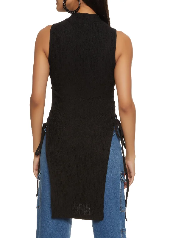 Textured Knit Sleeveless Lace Up Side Top