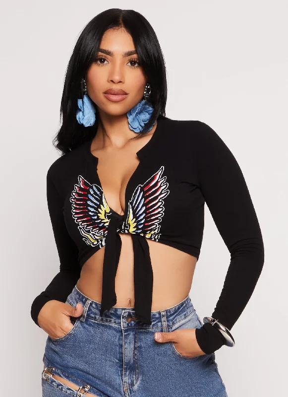 Wings Tie Front Graphic Crop Top