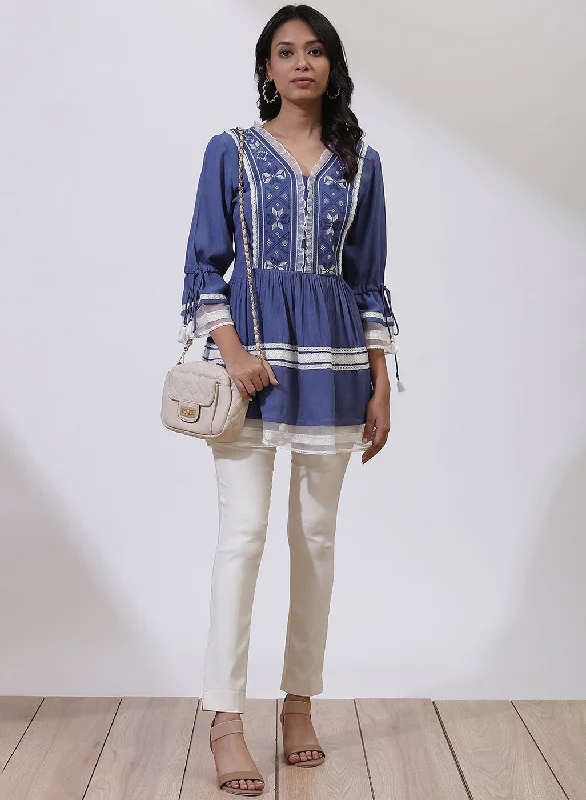 Blue Tunic With Embroidery & Lace