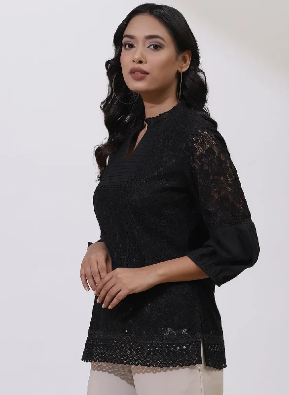 Charcoal Black Nargis Tunic with Lace-Inserts